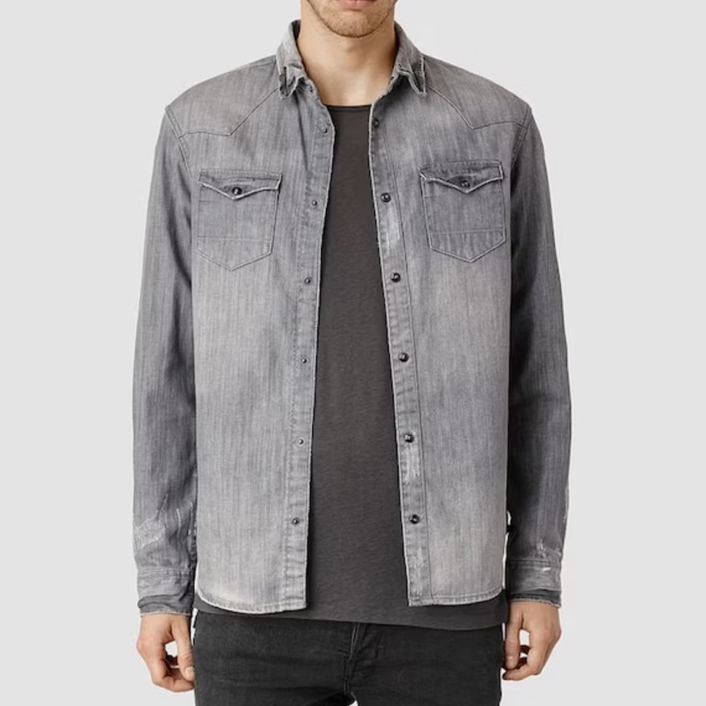 all saints IKEMAT LS SHIRT gray distressed button down